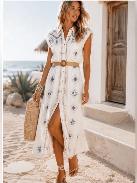 Dresses & Skirts - Sleeveless White Maxi Shirt Dress with Blue Embroidery